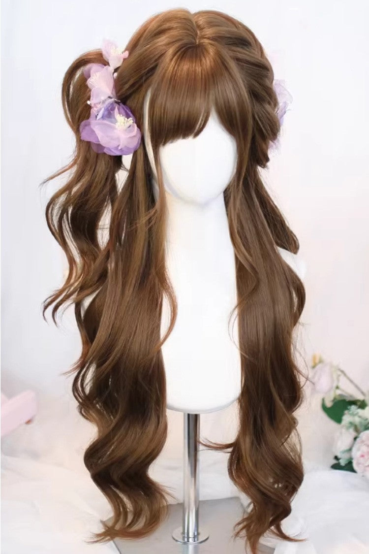Warm Brown Japanese Lazy Vibe Long Wavy Sweet Lolita Wig with Light Airy Bangs - Product - 2