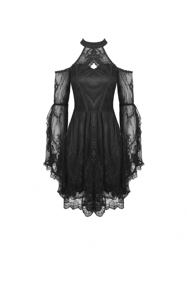 Black Off Shoulder Halterneck Long Sleeves Lace Women's Gothic Dress - Product - 3