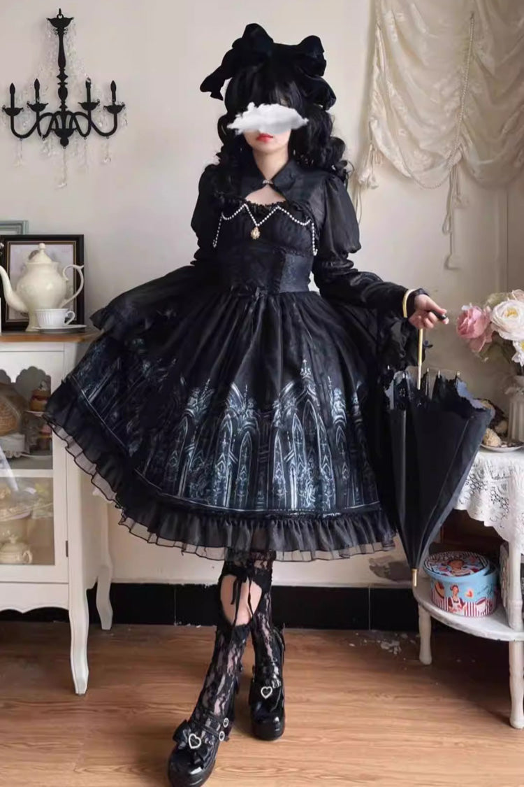 Black Sleeveless Church of Silent Night Print Ruffle Gothic Lolita Jsk Dress - Product - 2