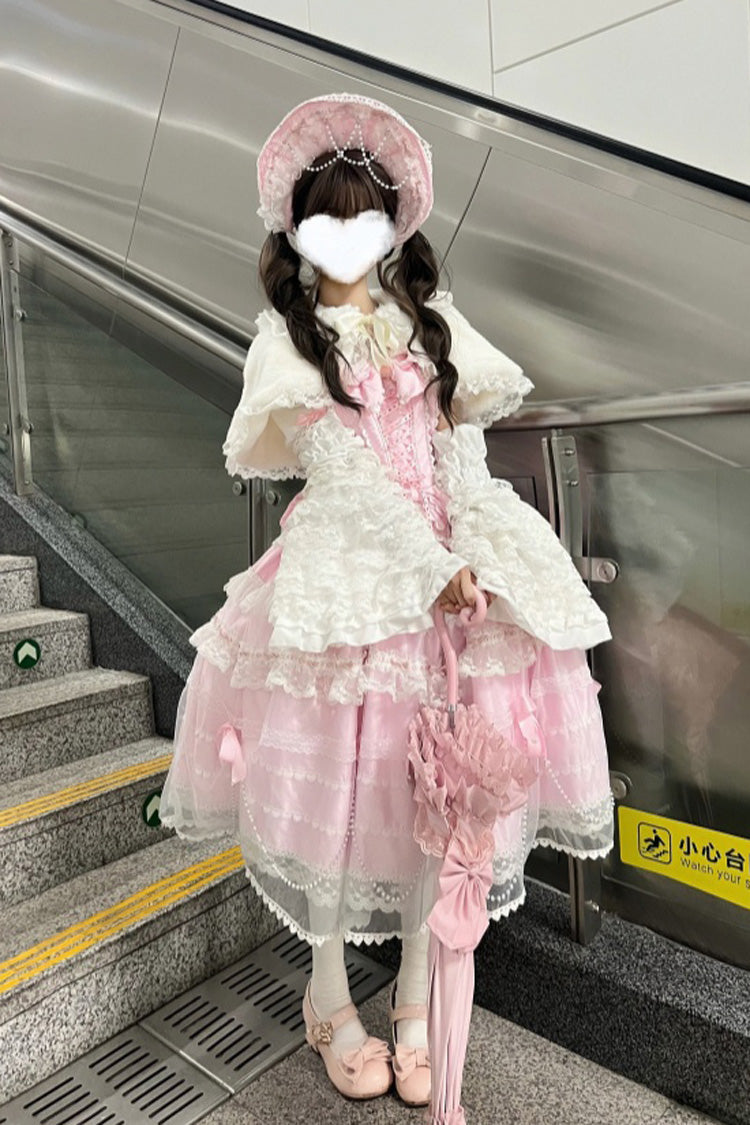 Showa Girl ärmelloses dreilagiges Rüschen-Schleife-Spitze-Perlen-süßes japanisches JSK Langes Kleid (Kleid einzeln) Detailansicht 5