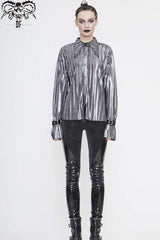 Silver Metal Buckles CuffPleated Pointed Collar Leather Loops Punk Shirt - Product - 2