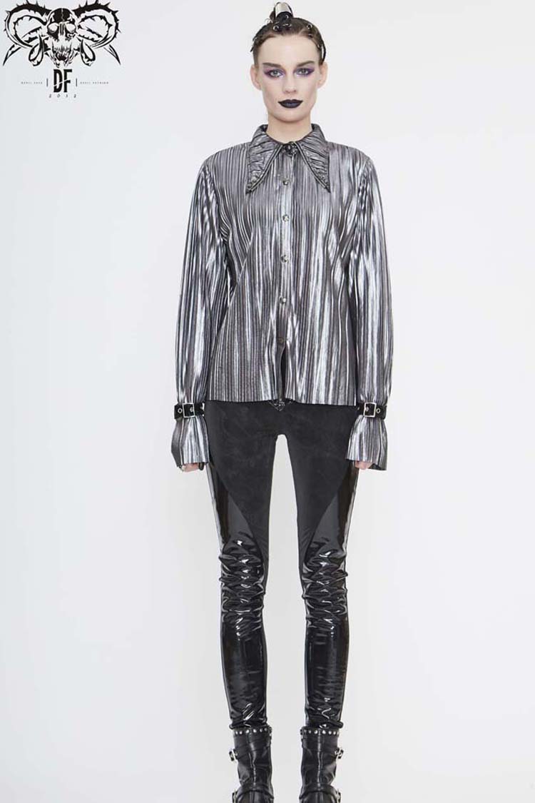 Silver Metal Buckles CuffPleated Pointed Collar Leather Loops Punk Shirt - Product - 2