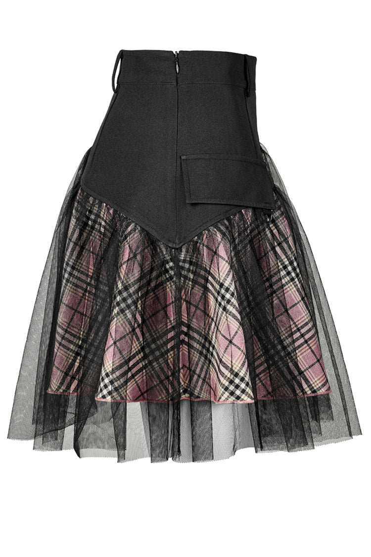 Pink/Black Cotton Splicing Mesh Sweet Plaid Personalized Pocket Decoration Waist Punk Women's Short Skirt - Product - 6