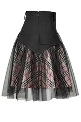 Pink/Black Cotton Splicing Mesh Sweet Plaid Personalized Pocket Decoration Waist Punk Women's Short Skirt - Product - 6