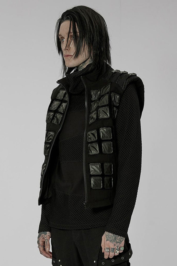 Black Punk High Collar Front Geometric Patterns Splicing Design Shoulder Padded Webbing Buckle Twill Men's Vest - Product - 2