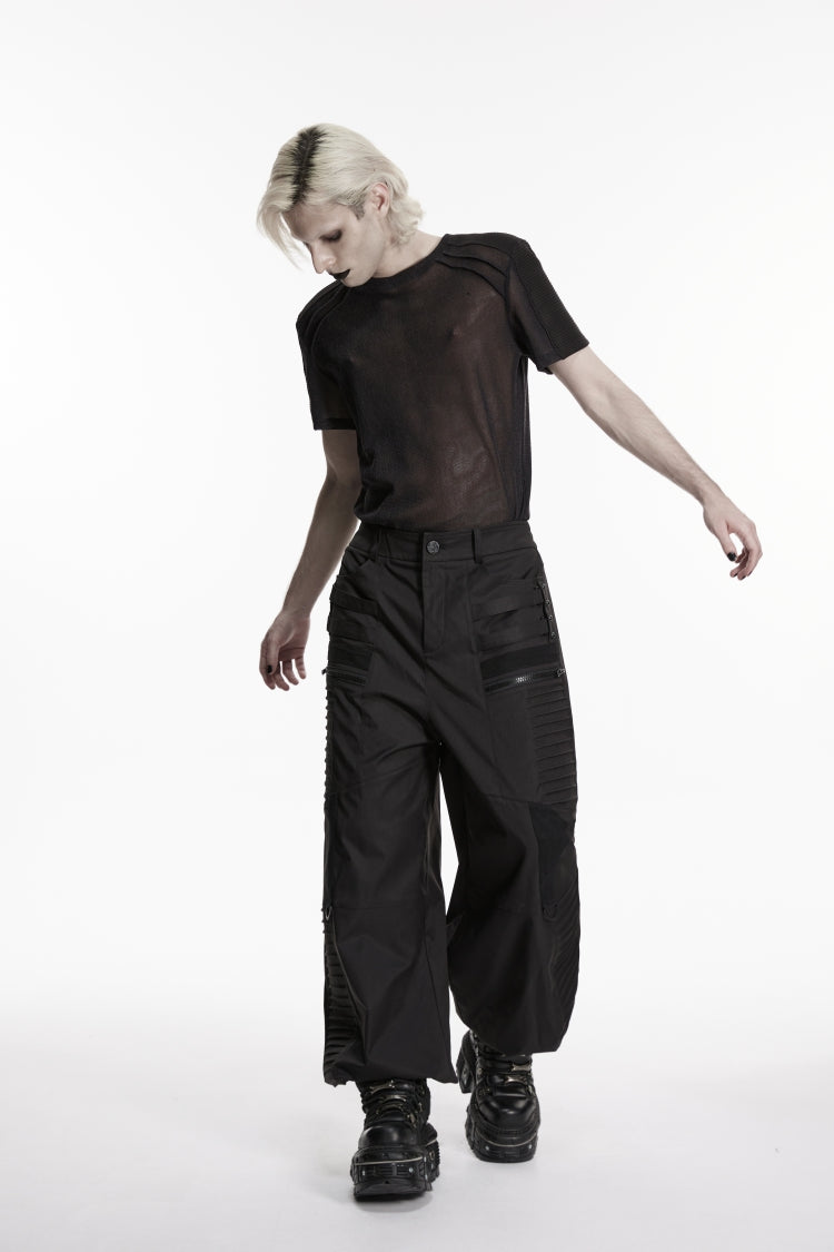 Black Round Collar Short Sleeves Sheer Men's Punk Shirt - Product - 7