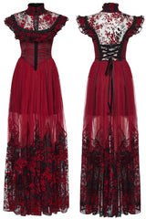 Black/Red Stand Collar Sleeveless Printed Hanayome Lace Lace-Up Women's Gothic Elegant Dress Wedding Dress - Product - 7