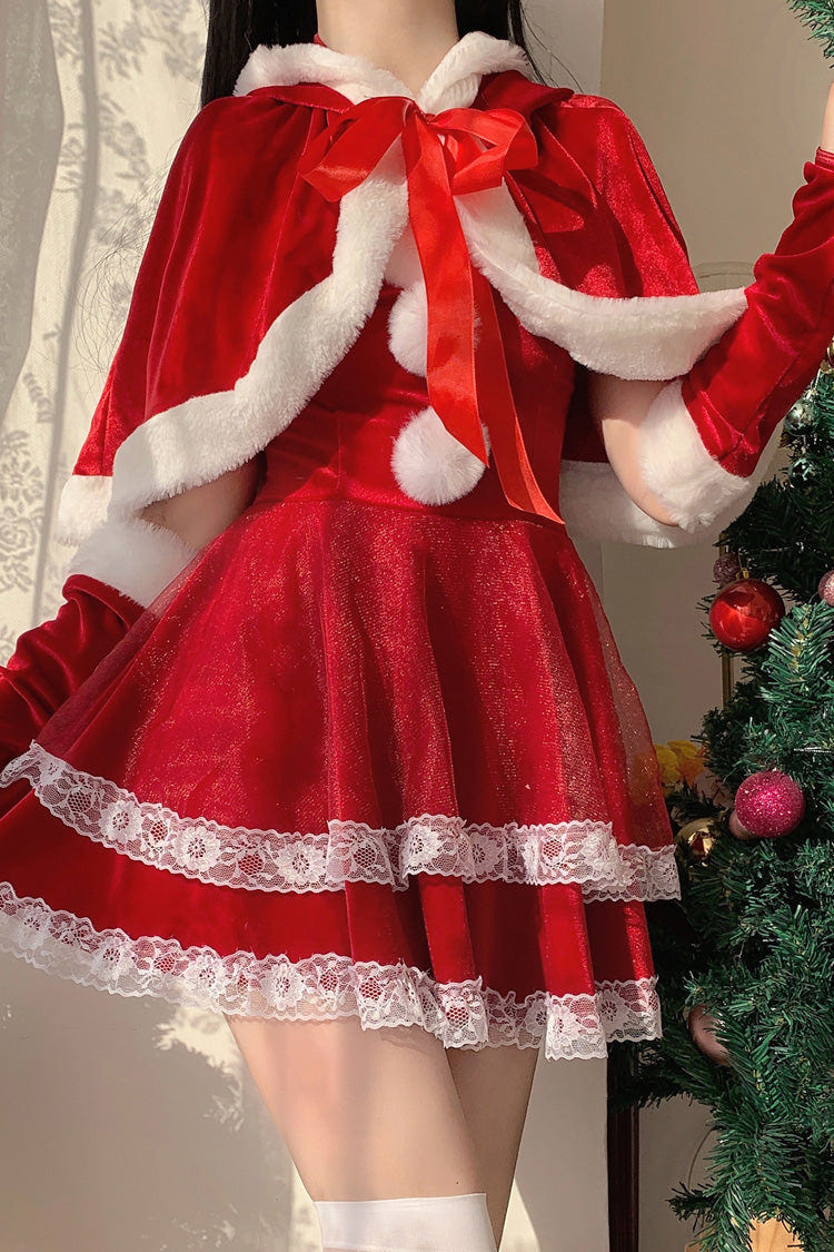 Red [Christmas and New Year] Double-Layered Ruffle Bowknot Lace Sweet Japanese Lolita Strapless Dress - Red - 1