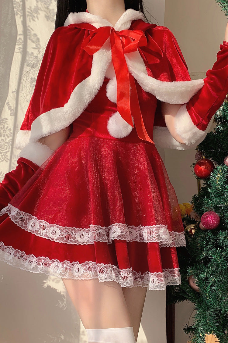 Red [Christmas and New Year] Double-Layered Ruffle Bowknot Lace Sweet Japanese Lolita Strapless Dress - Red - 1