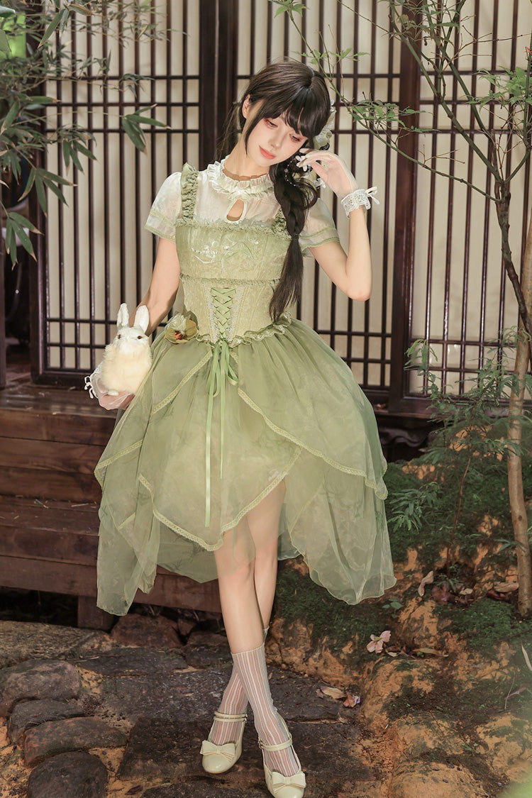 [Fragrance] Stand Collar Short Sleeves Multi-Layered Printed Ruffled Bow Lace Irregular Chinese Style Sweet Lolita Dress 2 Colors (Green, Pink) - Product - 15