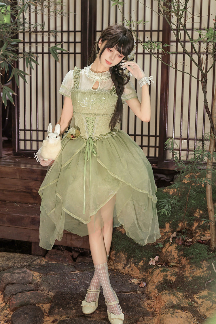 [Fragrance] Stand Collar Short Sleeves Multi-Layered Printed Ruffled Bow Lace Irregular Chinese Style Sweet Lolita Dress 2 Colors (Green, Pink) - Product - 15
