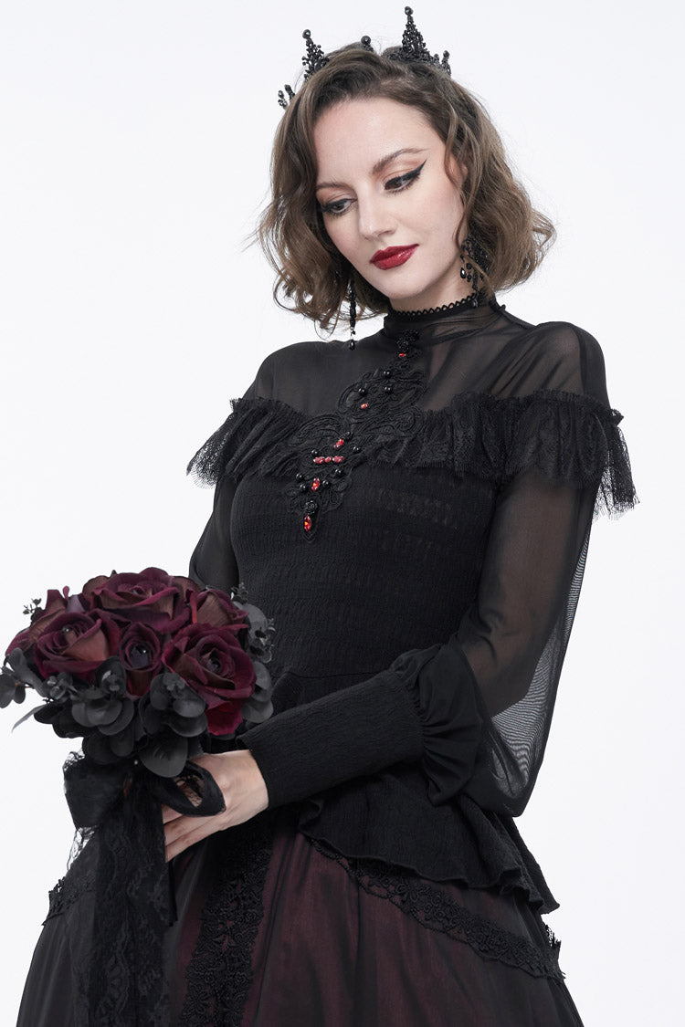 Black Retro Perspective Sexy Turtleneck Lace Panel Mesh Lantern Sleeve Women's Gothic T-Shirt - Product - 5