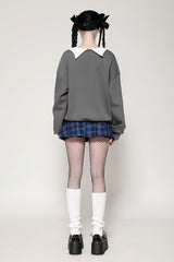 Grey Bowknot Peter Pan Collar Long Sleeves Bat Women's College Style Sweatshirt - Product - 4