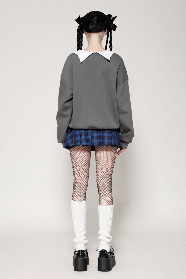 Grey Bowknot Peter Pan Collar Long Sleeves Bat Women's College Style Sweatshirt - Product - 4