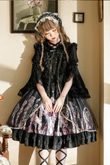 Black Ancient Mythology Angel Wings Print Mesh Stitching Bowknot Ruffled Gothic Lolita Jsk Dress - Product - 3