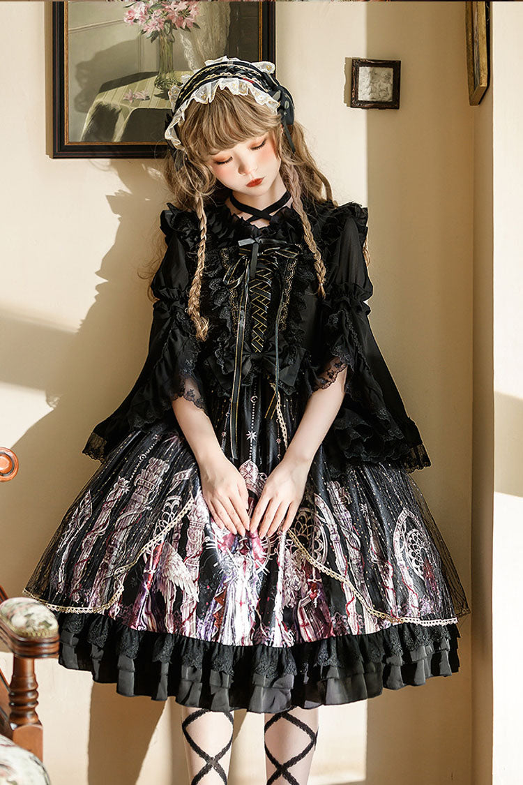 Black Ancient Mythology Angel Wings Print Mesh Stitching Bowknot Ruffled Gothic Lolita Jsk Dress - Product - 3