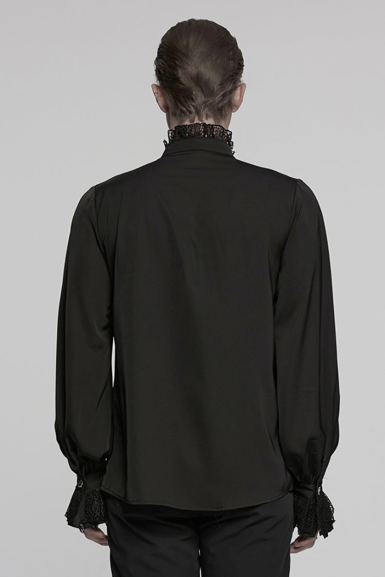 Black Stand Collar Long Puff Sleeves Stitching Lace Men's Gothic Blouse - Product - 3