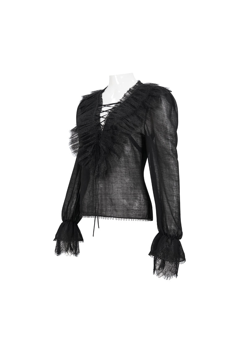 Black Thin Waist Plaid Stitching Layered Lace Long Sleeves Women's Gothic Shirt - Product - 6