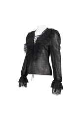 Black Thin Waist Plaid Stitching Layered Lace Long Sleeves Women's Gothic Shirt - Product - 6