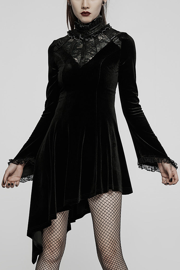 Long Trumpet Sleeves Stitching Lace Irregular Asymmetric Women's Gothic Dress 2 Colors - Black - 1
