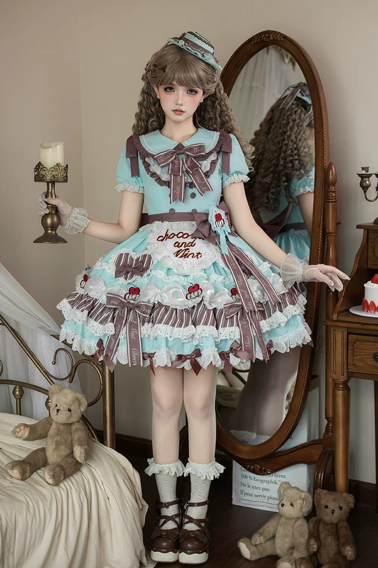 Green [Cherry Mille-Feuille] Lapel Collar Short Sleeves Triple-Layered Printed Ruffled Bow Lace Princess Sweet Lolita Dress - Product - 8