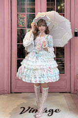 Blue [Candlelight Elegance] Long Trumpet Sleeves Multi-Layered Ruffle Bowknot Lace Sweet Elegant Lolita Dress - Product - 2