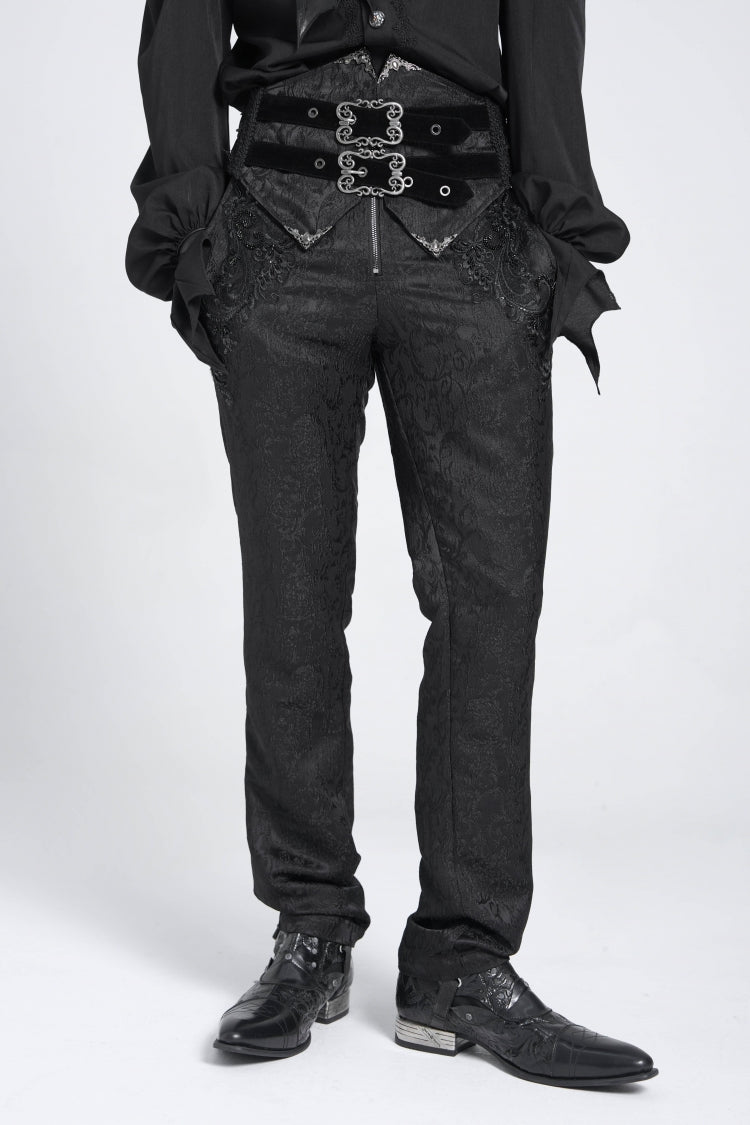Black Double Buckles High Waisted Embroidery Men's Gothic Suit Pants - Black - 1