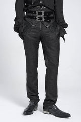 Black Double Buckles High Waisted Embroidery Men's Gothic Suit Pants - Black - 1