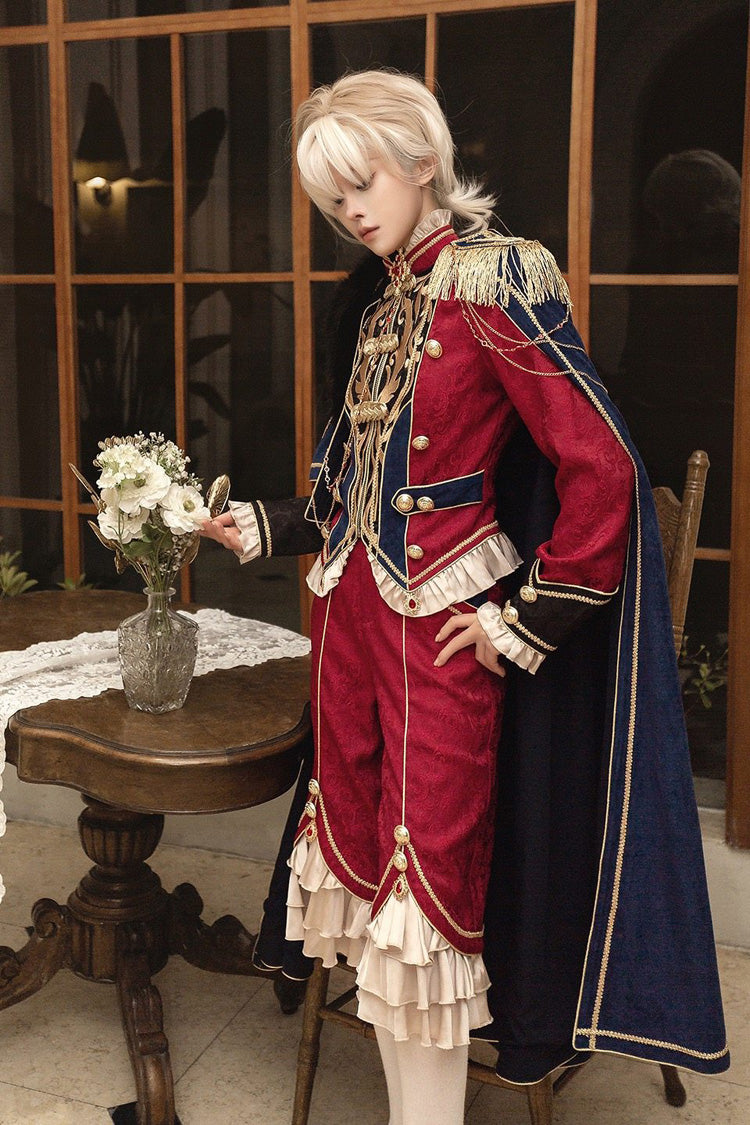 Red/Blue [Royal Glory] Stand Collar Long Sleeves Ruffled Embroidered Gothic Vintage Prince Palace Ouji Lolita Set - Product - 8
