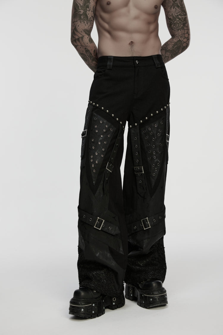 Black Studded Buckled Eyelet Men's Punk Pants - Product - 6