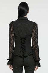 Black Lapel Collar Puff Sleeves Ruffle Stitching Lace Women's Gothic Blouse - Product - 3