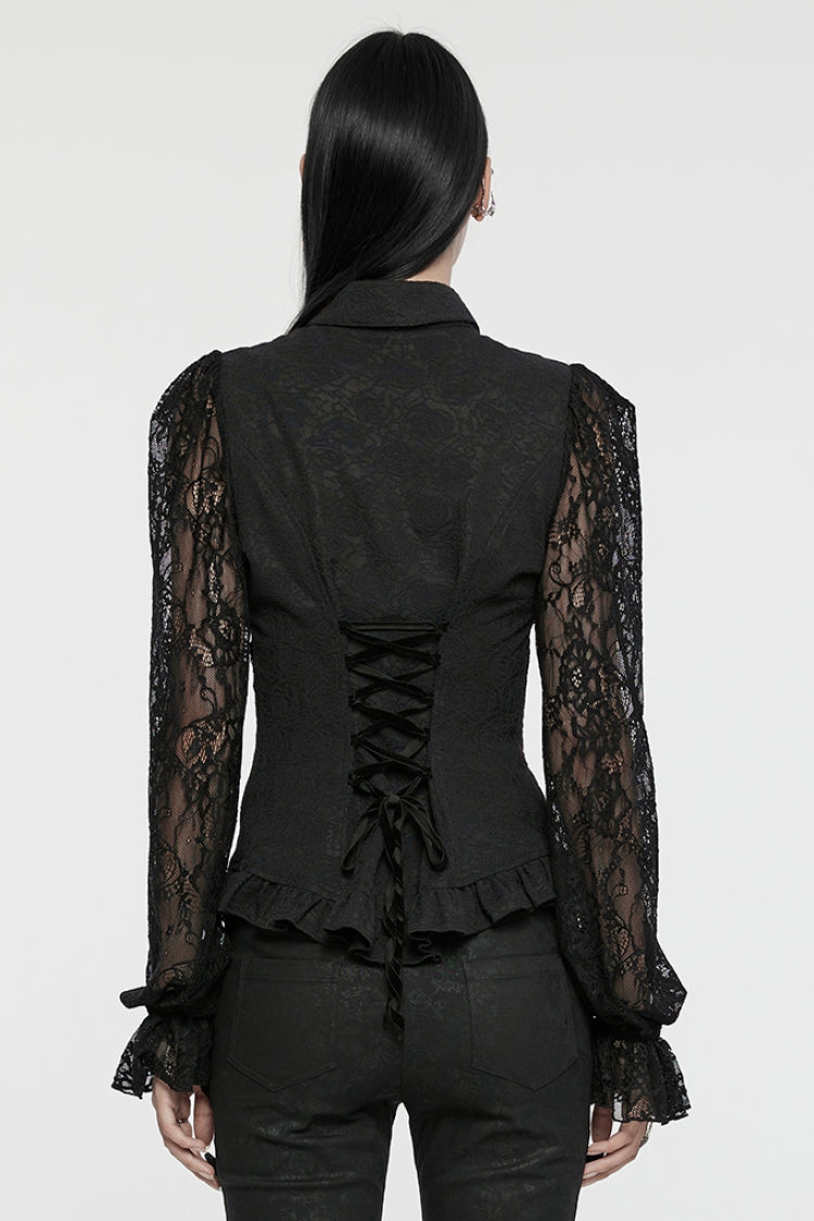 Black Lapel Collar Puff Sleeves Ruffle Stitching Lace Women's Gothic Blouse - Product - 3