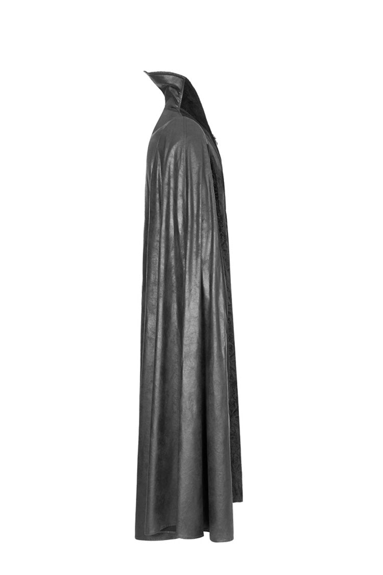Black Long Sleeve Stand Up Collar Front Metal Decoration Paisley Pattern Embossed Velvet Men's Gothic Coat With Cloak - Product - 5