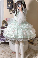 Sweet Multi-Layered Ruffle Bowknot Lace Princess Ballet Lolita Jsk Dress 4 Colors - Green - 2