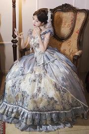 Blue Jacaranda Off Shoulder Short Sleeves Printed Ruffled Embroidered Bow Lace-Up Sweet Elegant Princess (Dress Only) front view