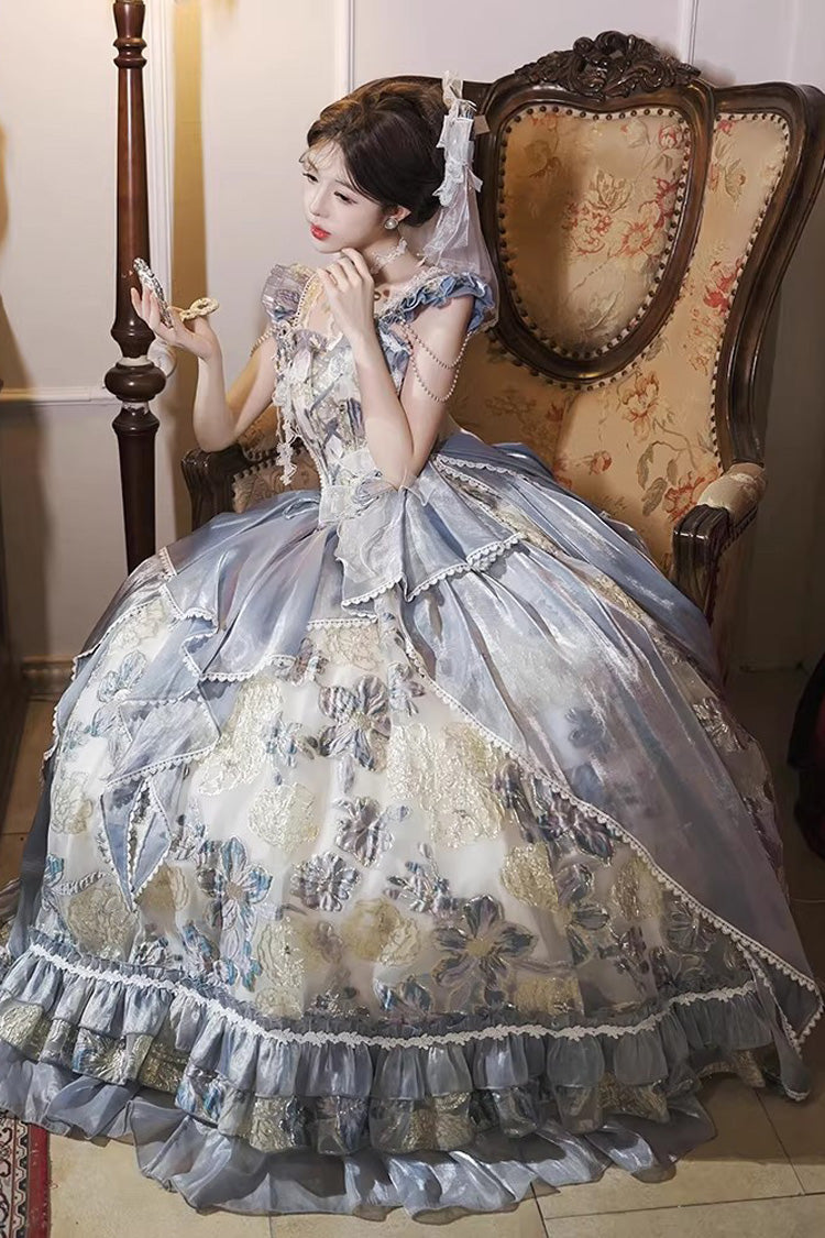 Blauer, schulterfreier Jacaranda mit kurzen Ärmeln, bedruckt, gerüscht, bestickte Schleife, Schnürung, süße, elegante Prinzessin (Kleid einzeln), Vorderansicht