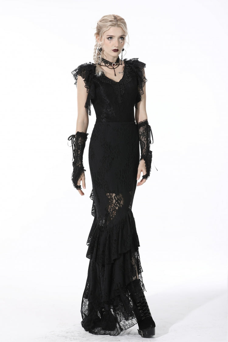 Black Women's Gothic Multi-Layered Lace Lace-Up Mermaid Maxi Skirt - Product - 9