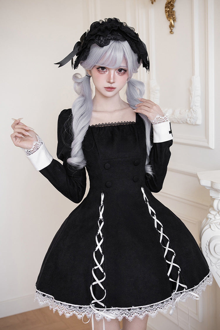 Black/White [Rose Doll] Square Collar Long Sleeves Bowknot Lace-Up Gothic Lolita Dress Set 2 Versions - Product - 22