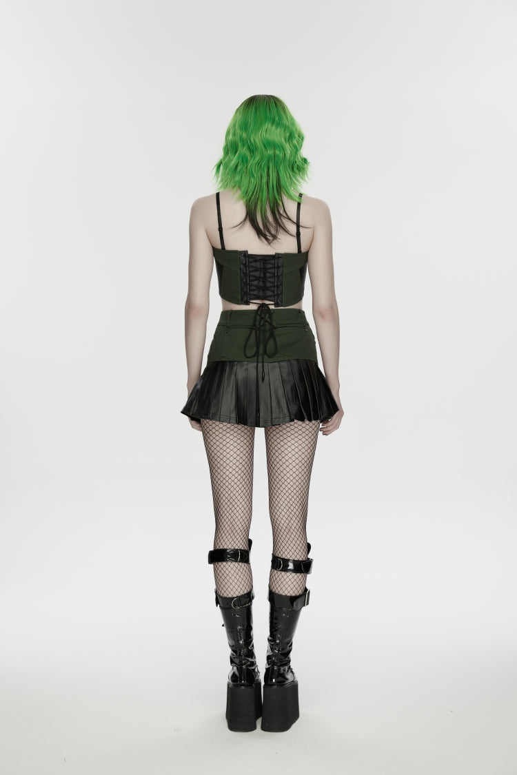 Black/Green Spliced Lace Lace-Up Slim Color-Blocked Zippered Women's Punk Cool Corset - Product - 4