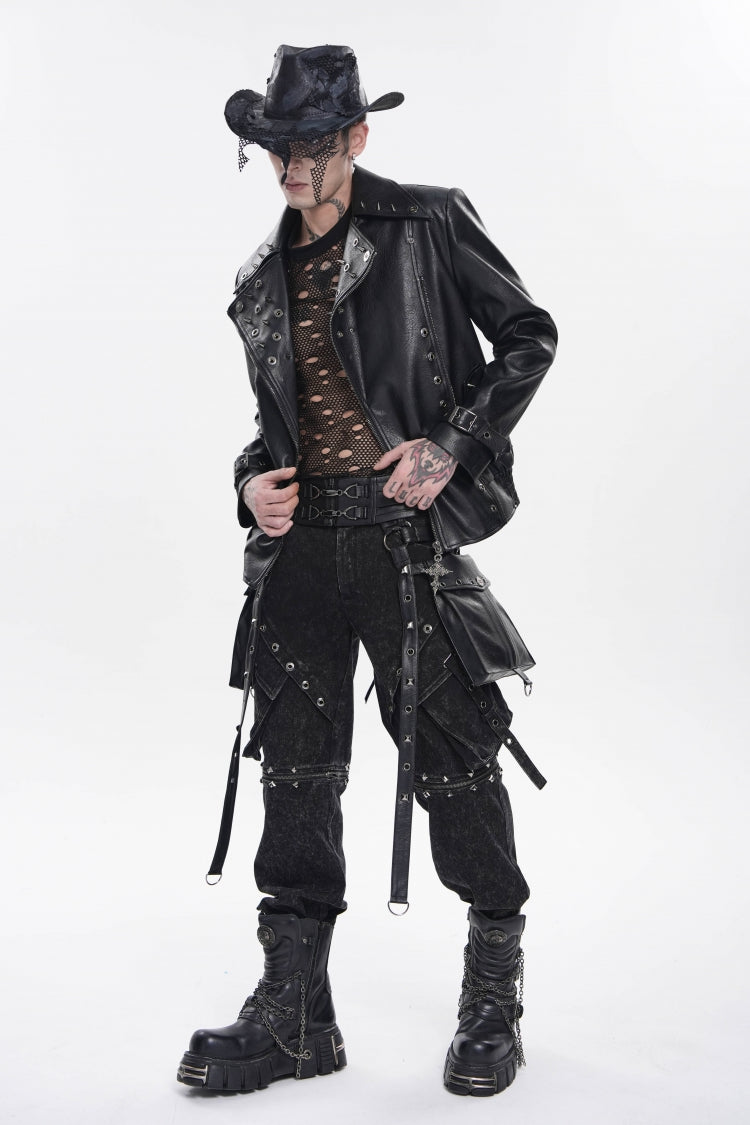 Black Lace-Up Studded Buckled Zippered Eyelet Men's Punk Cool Accessory with Pouches - Product - 7