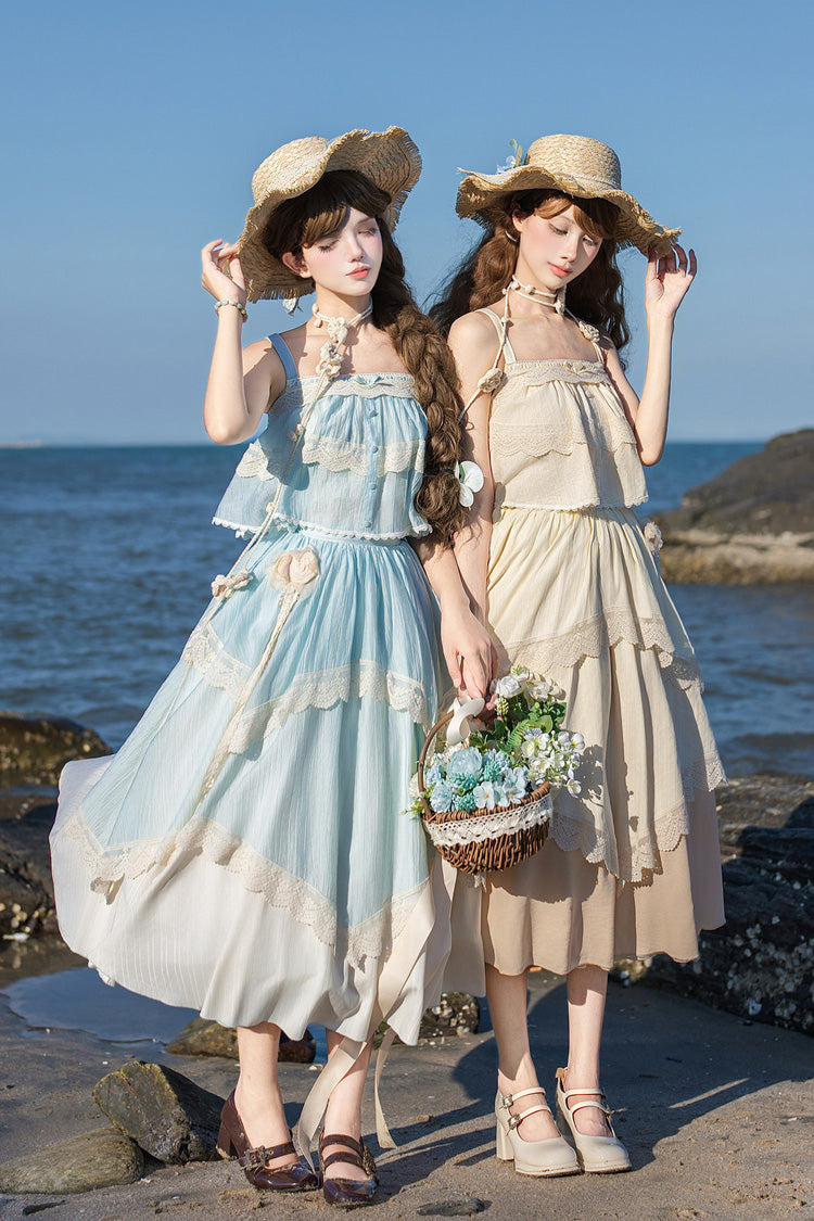 [Summer of Bluebells] Square Collar Sleeveless Jacquard Ruffled Asymmetric Sweet Lolita Skirt Set 2 Colors (Blue/Green, Ivory) - Product - 7