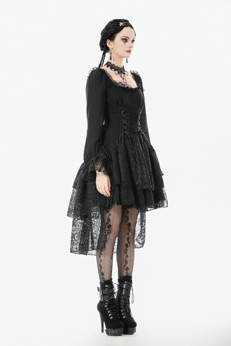 Black Square Collar Long Trumpet Sleeves Lace Lace-Up Multi-Layered High-Low Women's Gothic Dress - Product - 10
