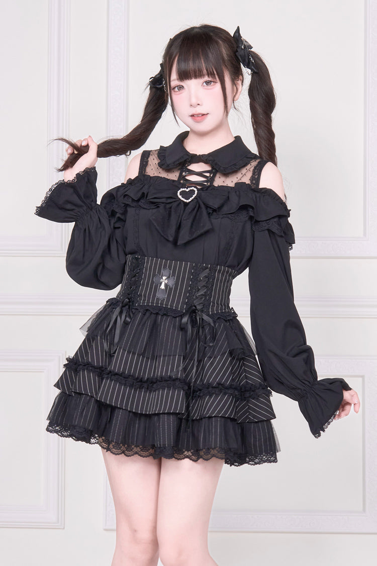Jirai Kei Off Shoulder Long Sleeves Print Bowknot Lace-Up Sweet Japanese Blouse 3 Colors - Black - 1