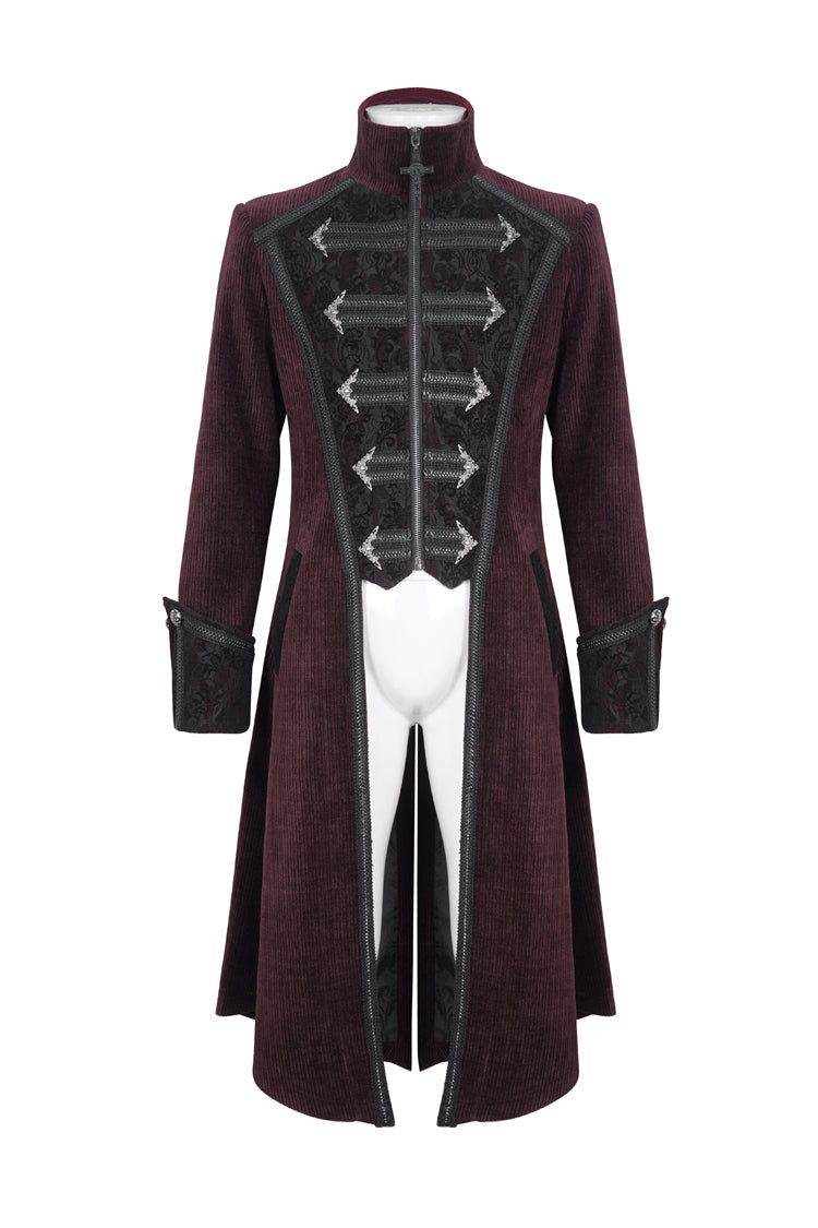 Red Stand Collar Long Sleeves Embroidery Slim Men's Gothic Coat - Product - 6