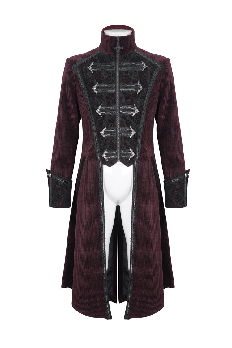 Red Stand Collar Long Sleeves Embroidery Slim Men's Gothic Coat - Product - 6