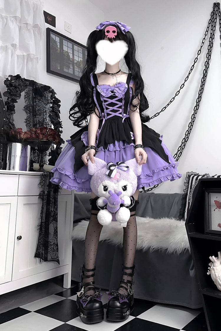 Black/Purple [Halloween Little Witch] Sleeveless Double-Layered Ruffle Bowknot Lace-Up Gothic Lolita Jsk Dress - Product - 8