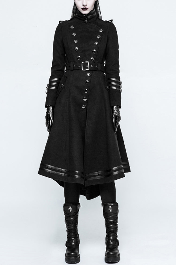 Black Military Uniform Double Breasted Womens Long Gothic Coat With Belt - Black - 1