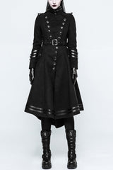 Black Military Uniform Double Breasted Womens Long Gothic Coat With Belt - Black - 1