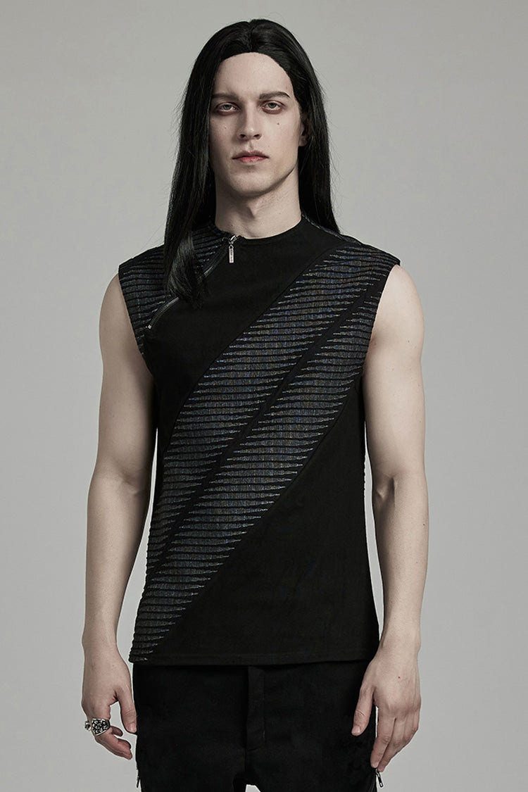 Black Sleeveless Print Asymmetric Zipper Men's Punk Tank Top - Black - 1