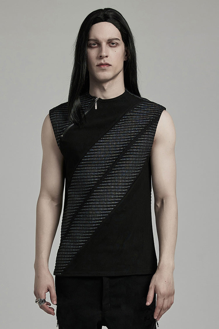Black Sleeveless Print Asymmetric Zipper Men's Punk Tank Top - Black - 1